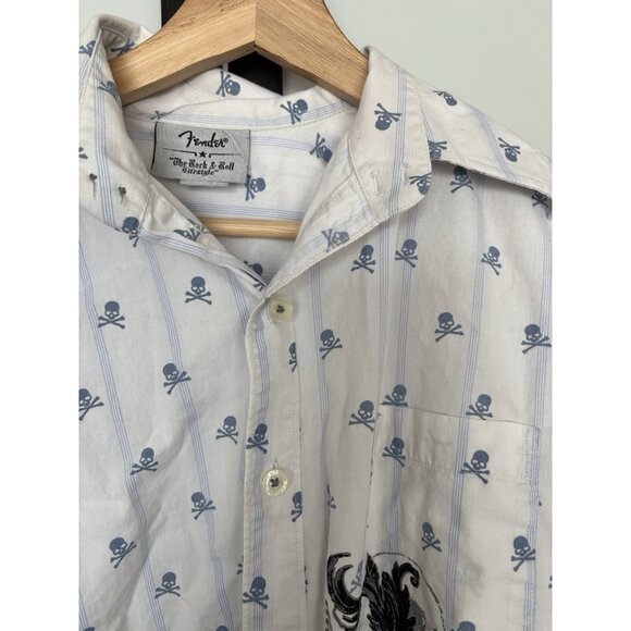 Fender White Button Down Shirt Mens Medium Rock Roll Skulls - Picture 11 of 16